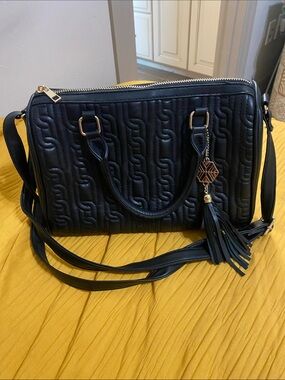 Quilted Black Leather Satchel with Tassel Charm